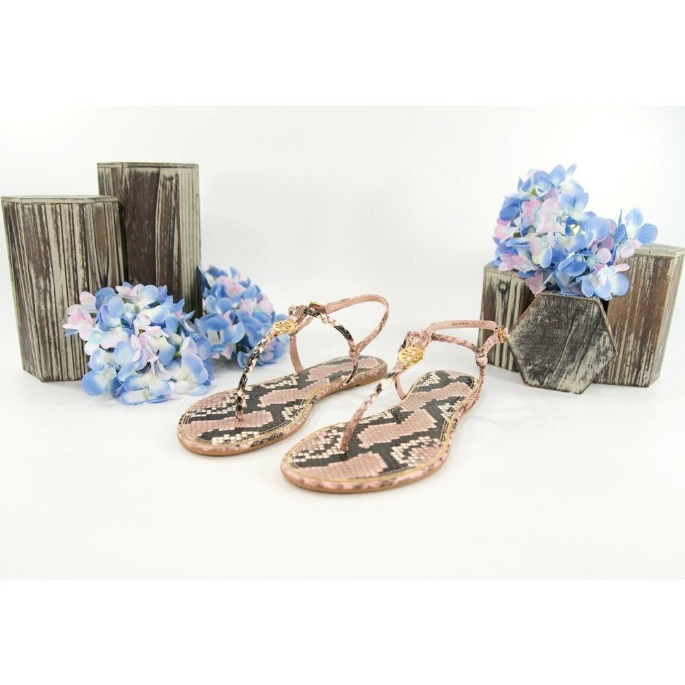 Tory Burch Emmy Misty Rose Snake Leather Strappy Minimal Sandal Size 7.5 NIB